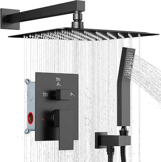 Shower System Shower Faucet Set, STARBATH 10" Wall Mount Rain Shower Head and Handheld Spray for Two Person, Rainfall Shower System with Diverter Valve and Trim Kit Complete,Matte Black