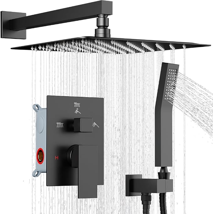 Shower System Shower Faucet Set, STARBATH 8" Wall Mount Rain Shower Head and Handheld Spray for Two Person, Rainfall Shower System with Diverter Valve and Trim Kit Complete,Matte Black