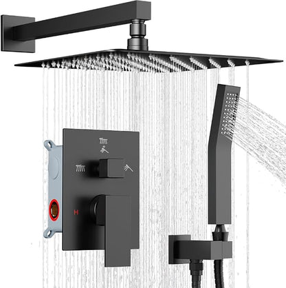 Shower System Shower Faucet Set, STARBATH 8" Wall Mount Rain Shower Head and Handheld Spray for Two Person, Rainfall Shower System with Diverter Valve and Trim Kit Complete,Matte Black