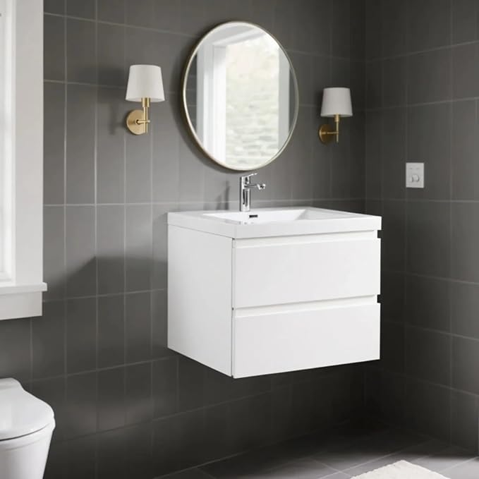 30 Inch Floating Bathroom Vanity with Sink, Large Storage Wall Mounted Floating Vanity with Soft Close Drawers, One-Piece Basin Bathroom Sink Cabinet (Glossy White, 30")