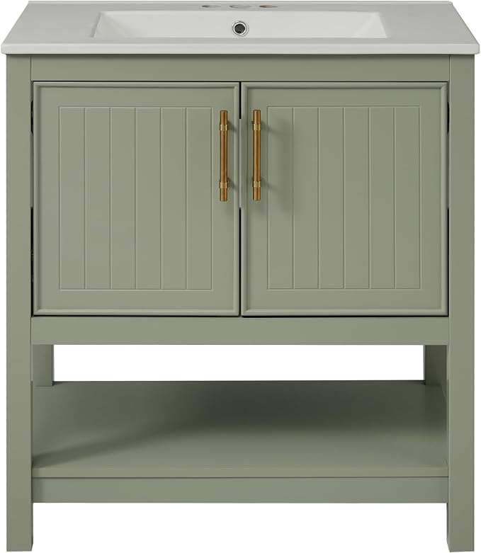 30" Bathroom Vanity with Ceramic Sink,Sink Cabinet w/Soft Closing 2 Doors and Bottom Shelf,Metal Handles,Freestanding Wooden Storage Cabinet,Solid Wood Frame,for Small Space,Green