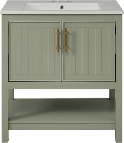 30" Bathroom Vanity with Ceramic Sink,Sink Cabinet w/Soft Closing 2 Doors and Bottom Shelf,Metal Handles,Freestanding Wooden Storage Cabinet,Solid Wood Frame,for Small Space,Green