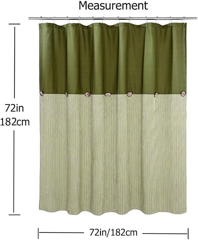 DOSLY IDÉES Farmhouse Shower Curtain, Green and Green Stripe, Button Curtain, Cotton Blend Fabric, Rustic Charm Country Chic Style, 72x72 in, Bathroom