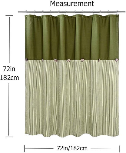 DOSLY IDÉES Farmhouse Shower Curtain, Green and Green Stripe, Button Curtain, Cotton Blend Fabric, Rustic Charm Country Chic Style, 72x72 in, Bathroom