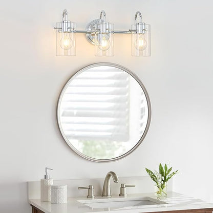 3 Lights Vanity Light, Bathroom Wall Light Fixture Over Mirror | Modern Metal Wall Sconce with Clear Glass Shade, Farmhouse Wall Mount Lamp for Washroom, Bathroom Living Room, Workshop