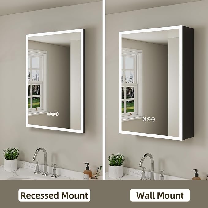 Buruis 16 x 24 Inch Medicine Cabinet with LED Lights and Mirror, Recessed/Wall Mounted Bathroom Cabinet, 3-Color Light, Defogger, Memory Function, Outlet & USB, Dimmer, Black