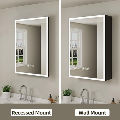 Buruis 16 x 24 Inch Medicine Cabinet with LED Lights and Mirror, Recessed/Wall Mounted Bathroom Cabinet, 3-Color Light, Defogger, Memory Function, Outlet & USB, Dimmer, Black