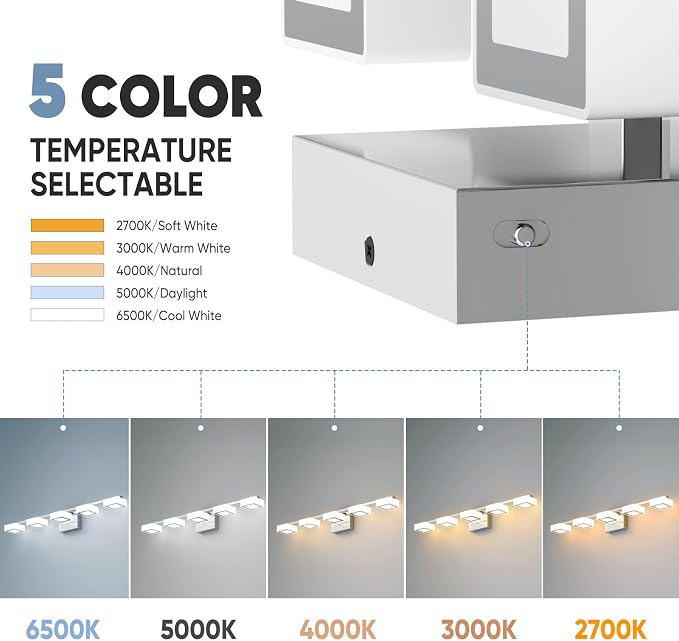 LED Modern Bathroom Light Fixtures Over Mirror, 5-Light Dimmable Vanity Lights, Chrome Acrylic Bathroom Vanity Light, 2700K-6500K Adjustable, ETL Certificated