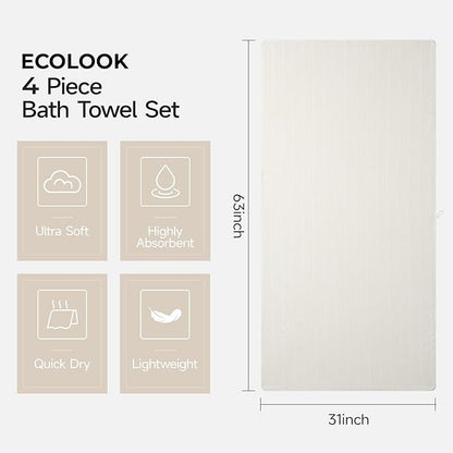 ecolook Microfiber Bath Towels Set of 4, 31 x 63 Inch Extra Large Bath Towel Set, Super Soft & Highly Absorbent, Quick Dry Lightweight Towels for Bathroom, Gym, Spa, Pool & Travel, Beige