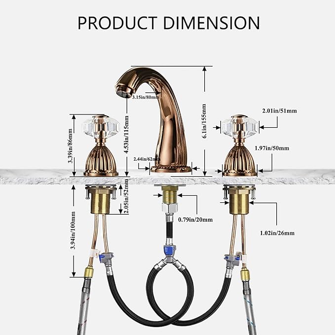 Wovier Rose Gold Widespread Bathroom Sink Faucet,Two Handle Three Hole Brass Lavatory Vanity Faucet,8-16 Inch Basin Mixer Tap with Pop Up Drain Assembly