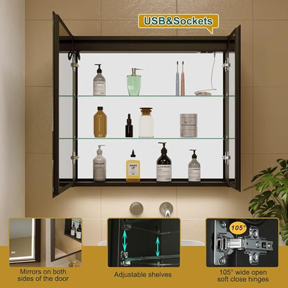30x28 Inch Aluminum LED Bathroom Mirror Cabinet with Backlit Panel | Light Adjustment, Anti-Fog, Sockets&USBs, High Capacity, Easy to Install