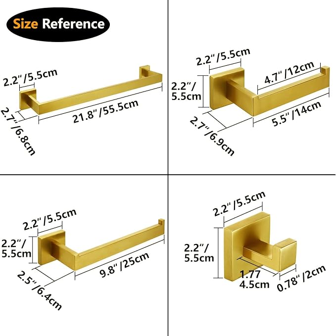 5-Piece Brushed Gold Bathroom Hardware Accessory Set Including 24inch Towel Bar Toilet Paper Holder Towel Holder Robe Hook Premium SUS 304 Stainless Steel Wall Mounted Square Style,Rustproof