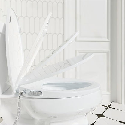 Clirass Bidet Toilet Seat, Soft Close Toilet Seat, Button control Feminine/Posterior Wash Switch, Knob Control Water Pressure,White Bidet Seat Attachment with Brass inlet (Elongated-D)