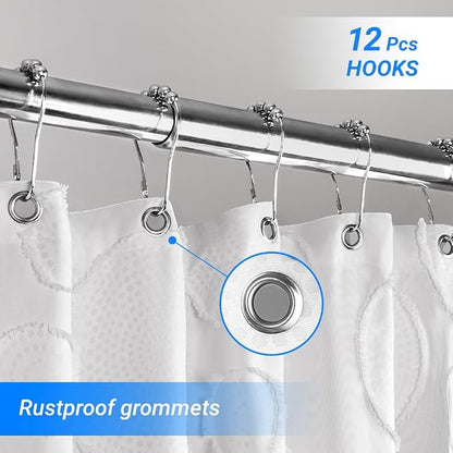 Waterproof Fabric Shower Curtain for Bathroom - Washable, 72"x72", Boho Style, Textured Jacquard, Hotel Quality, Ruffled, 12 Metal Hooks, Ivory White