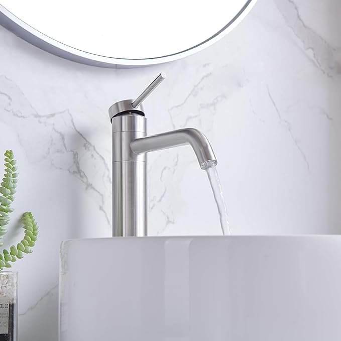 Hotis Vessel Sink Faucet Brushed Nickel, Stainless Steel Tall Bathroom Faucet with 360° Swivel Spout, Single Handle 1 Hole Bathroom Faucets with Supply Lines and Pop Up Drain, HT-TX110788L-New