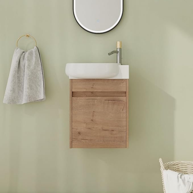 16" Bathroom Vanity with Sink, 16 Inch Floating Bathroom Vanity for Small Space, Modern Bathroom Vanity, Brown Wall Mounted Cabinet Set (029, IMOX.16''W x 12''D)