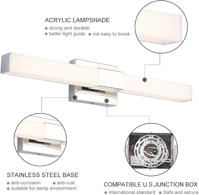 LED Bathroom Vanity Light 24 inch, 12W Modern Makeup Mirror Light Lamps, Indoor Wall Light 4000K, for Bathroom, Powder Room, Mirror Cabinets, Bedroom and Living Room. Chrome Finish.