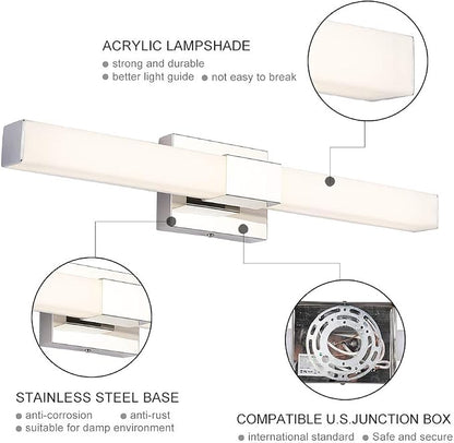 LED Bathroom Vanity Light 24 inch, 12W Modern Makeup Mirror Light Lamps, Indoor Wall Light 4000K, for Bathroom, Powder Room, Mirror Cabinets, Bedroom and Living Room. Chrome Finish.