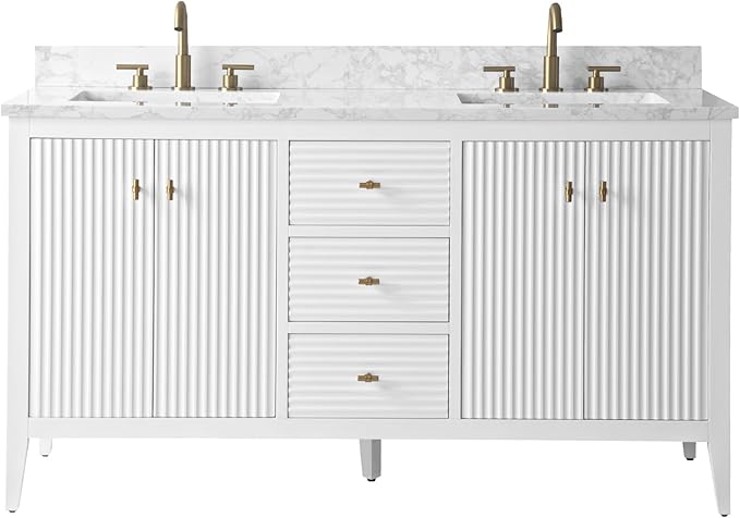 HOMEBEYOND 60" Bathroom Vanity with Double Sink, Solid Wood Bathroom Vanity Free-Standing Cabinet, Ceramic Top & Soft Closing Door, Golden Brushed Handware, White