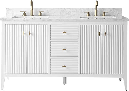 HOMEBEYOND 60" Bathroom Vanity with Double Sink, Solid Wood Bathroom Vanity Free-Standing Cabinet, Ceramic Top & Soft Closing Door, Golden Brushed Handware, White