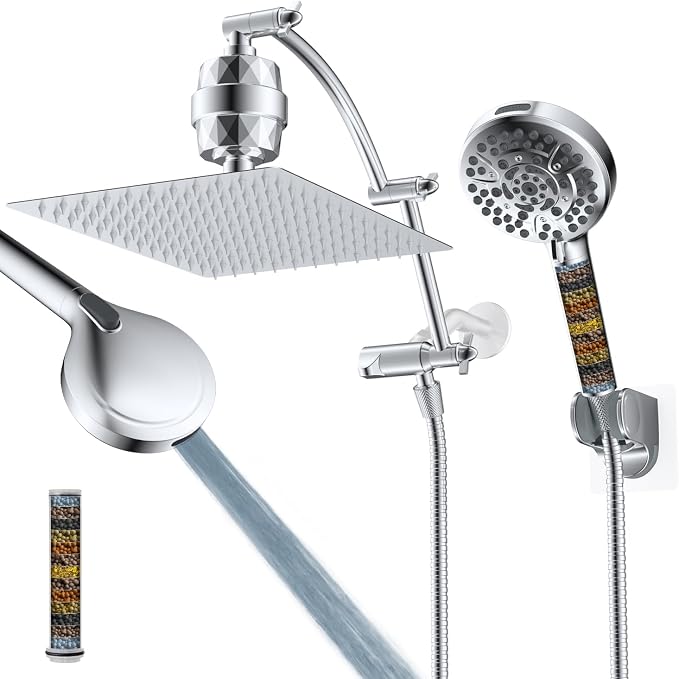 Hibbent 12" Dual Filtered Shower Head Combo, 10-spray Handheld, Chrome | All Metal High Pressure Rainfall Shower Head Combo with Filter, 16" Extension Arm, 3-way Diverter, 71" Hose & Shower Holder