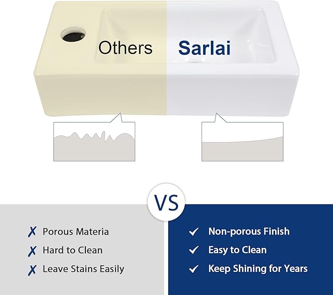 Sarlai Floating Vessel Sink - 15"x7" Wall Hang Small Bathroom Sinks Modern Rectangle Floating White Porcelain Ceramic Garden Wash Hand Sink, Left Hand