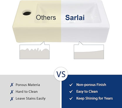 Sarlai Floating Vessel Sink - 15"x7" Wall Hang Small Bathroom Sinks Modern Rectangle Floating White Porcelain Ceramic Garden Wash Hand Sink, Left Hand