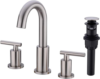 TRUSTMI 2-Handle 8 inch Widespread Brass Bathroom Sink Faucet with Pop Up Drain Assembly and cUPC Water Supply Hoses, Brushed Nickel