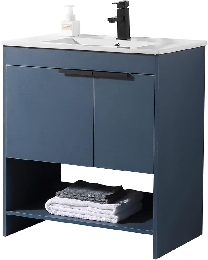 Phoenix 30 Inch Bathroom Vanity with Sink – Modern Design, Soft-Close Doors, Storage Drawers, Durable Build – Navy Blue Vanity for Small Bathrooms (Full Assembly Required)