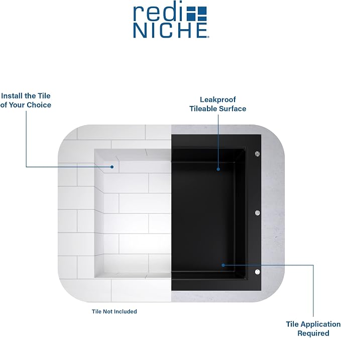 Tile Redi USA Niche Single Recessed Shower Shelf – Black, One Inner Shelf, 16-Inch Width x 14-Inch Height x 4-Inch Depth