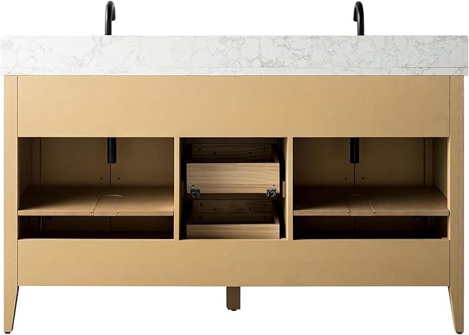 HomeBeyond 60 Inch Bathroom Vanity with Sink & Ceramic Top, Double Vanity Cabinet with Basin, Soft-Closing Doors & Matte Black Hardware, Natural Oak