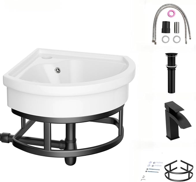 Lordear Corner Wall Mounted Bathroom Sink with Towel Rack – 11 4/5" x 11 4/5" Inch Triangular Wall Hung Porcelain Vessel Sink for Small Bathrooms One Hole Vanity Sink for Corner Installation