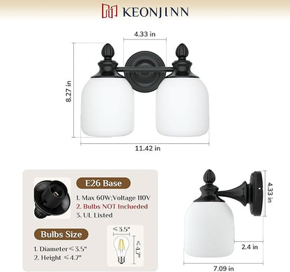 Keonjinn 2-Light Bathroom Light Fixtures, Black Vintage Vanity Lights for Mirror with Frosted Glass Shades, UL Listed E26 Base(Bulbs Not Included), Reversible Vanity Lighting Fixtures for Bathroom