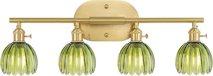 Shenmoyl Bathroom Light Fixtures, 4-Light Brass Vanity wall Light Over Mirror with Green Tulip Glass Shade for Bedroom Living Room (Bulb Not Included)