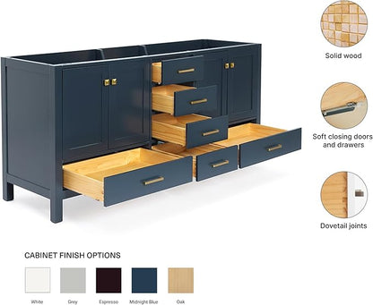 ARIEL Cambridge 72-inch Bathroom Vanity Base Cabinet,Solid Wood, 4 Soft Closing Doors, 6 Dovetail Drawers, Midnight Blue