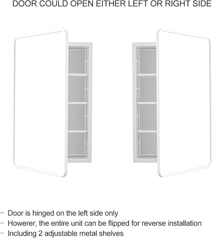 White Bathroom Medicine Cabinet with Mirror 17 x 27 Metal Frame Recessed Or Wall Mounted Single Door Storage Medicine Cabinets with Adjustable Shelves Rounded Corner Beveled Mirrors