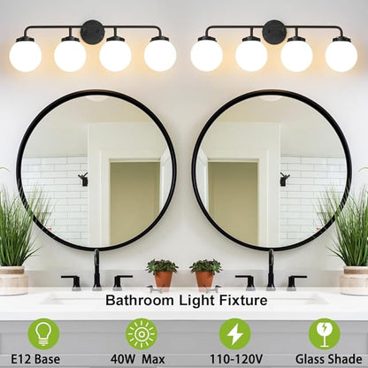 Bathroom Light Fixtures Over Mirror, 4-Light Matte Black Vanity Lighting with Milk White Glass Globe Shades Modern Wall Sconce