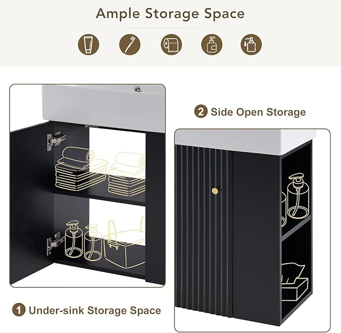 21.6 in Floating Bathroom Vanity with Sink,Soft Closing Doors,Solid Wood Frame & MDF Modern Single Small Black Bathroom Vanity Cabinet with Open Shelf,Wall Mounted