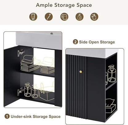 21.6 in Floating Bathroom Vanity with Sink,Soft Closing Doors,Solid Wood Frame & MDF Modern Single Small Black Bathroom Vanity Cabinet with Open Shelf,Wall Mounted