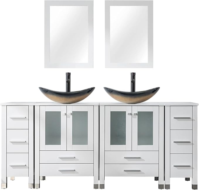 LUCKWIND 72" Double 24-in Bathroom Vanity with Sink Combo, Elegant Series with Two 12.6-in Side Cabinets, Painted Frame, Including Champagne Boat Sinks, Faucets Without Mirrors, White