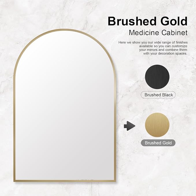 Recessed Medicine Cabinet Mirror,Brushed Gold Arched Medicine Cabinet with Mirror for Bathroom,Metal Edge Mirrored Medicine Cabinets,in Wall Arch Mirrored Cabinets with Storage 16x26