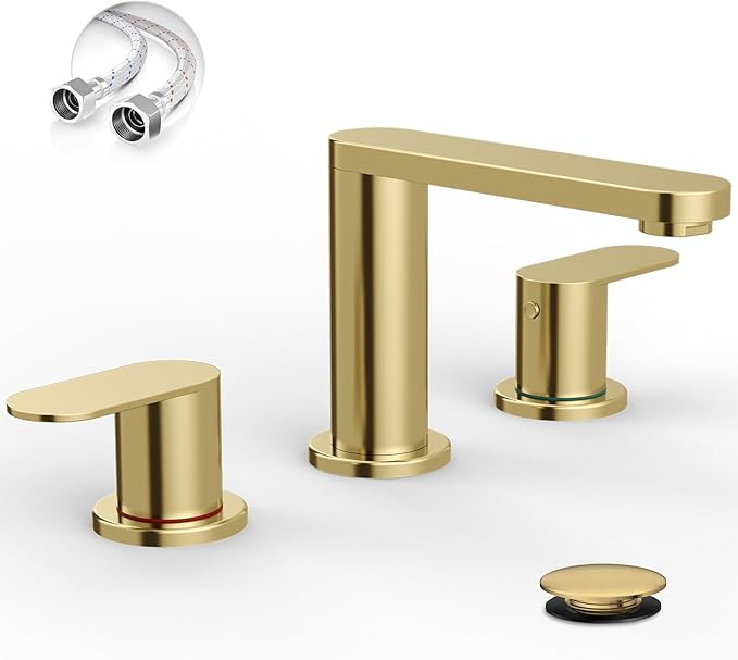 BWE Brushed Gold Bathroom Faucet 3 Hole, 8 Inch Widespread Gold Bathroom Faucets with Pop-up Drain and Supply Lines, 360° Swivel Spout 2-Handle Sink Faucet for Bath Vanity