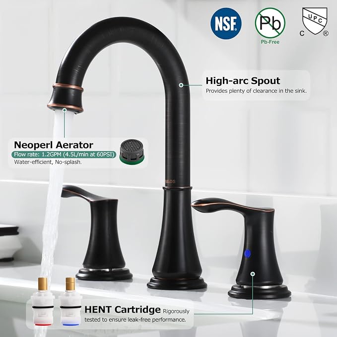 Oil Rubbed Bronze Widespread Bathroom Sink Faucet 8 Inch for Vanity | with All Metal Pop Up Drain, High Arc 2 Handle Lead-Free Deck Mount Bathroom Faucet for 3 Hole Lavatory Utility Sink