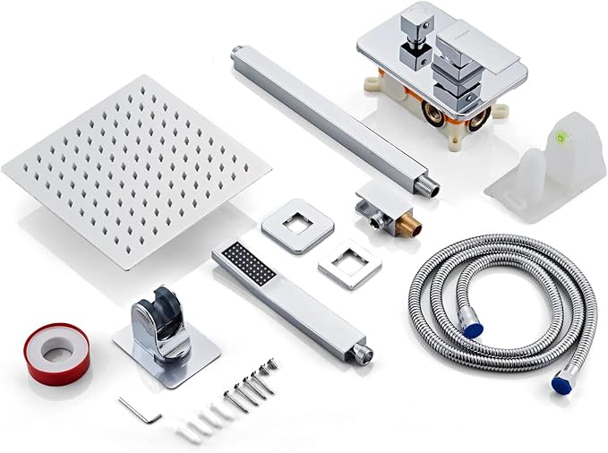 8 Inch Shower Faucet Set Ceiling Mount, High Pressure Rainfall Shower System, Square Rain Shower Head with Handheld Spray Combo, Ceiling Luxury Rainfall Shower Fixtures (L-Style)