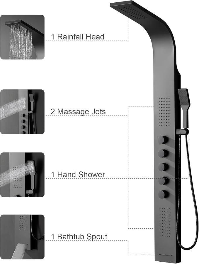 BWE Black Shower Tower Multifunction Shower Panel System | Stainless Steel Panel with Handheld Wand Rainfall Shower Head Wall Mount Shower Column