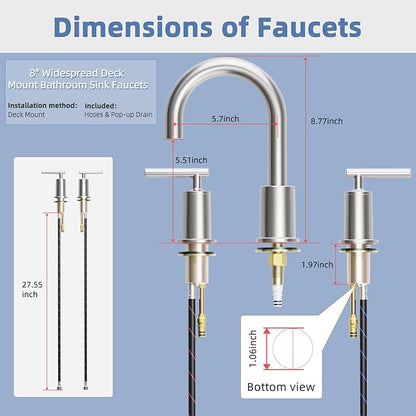 VXV Brushed Nickel Bathroom Faucet 3 Hole Widespread with Easy Installation, 2-Handle 8 Inch Bathroom Sink Faucet 360° Swivel Spout, Pre-Attached Hoses & Drain Included, Vanity Faucet for Bath Sink