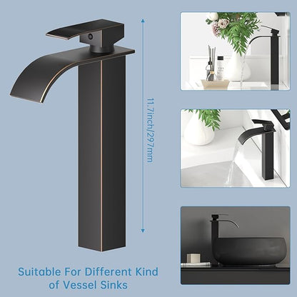 RUMOSE Tall Oil Rubbed Bronze Bathroom Faucet with Pop Up Drain Modern Single Handle One Hole Bathroom Vessel Sink Faucet Waterfall Spout Rv Lavatory Vanity Faucet Deck Mount Mixer Tap Stainless Steel