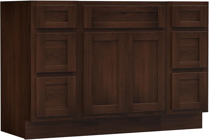 54 Inch Bathroom Vanity Base Only, Single Vanity Cabinet with 5 Dove-Tailed Drawers, Soft-Closing Doors, Brown, Without Top,Small