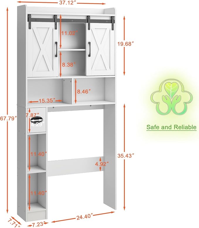 Vabches Over The Toilet Storage Cabinet with Sliding Doors, White | Farmhouse Storage Cabinet Over Toilet, Home Space-Saving Toilet Rack, Toilet Paper Holder Stand,for Restroom,Bathroom,Laundry