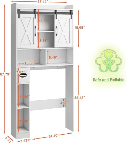 Vabches Over The Toilet Storage Cabinet with Sliding Doors, White | Farmhouse Storage Cabinet Over Toilet, Home Space-Saving Toilet Rack, Toilet Paper Holder Stand,for Restroom,Bathroom,Laundry